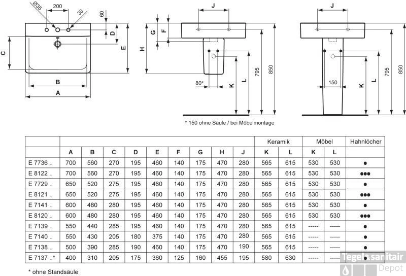 Ideal Standard Connect Cube Wastafel 50 X 46 Cm. Wit 4 Ideal Standard Connect Cube Wastafel 50 X 46 Cm. Wit - Afbeelding 2
