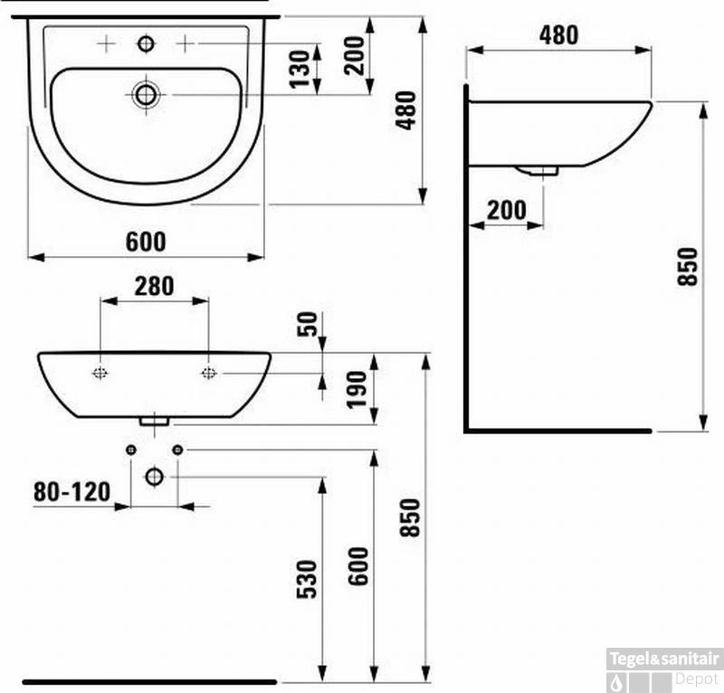 Laufen Pro B Wastafel 60x48 Cm. Wit 4 Laufen Pro B Wastafel 60x48 Cm. Wit - Afbeelding 2