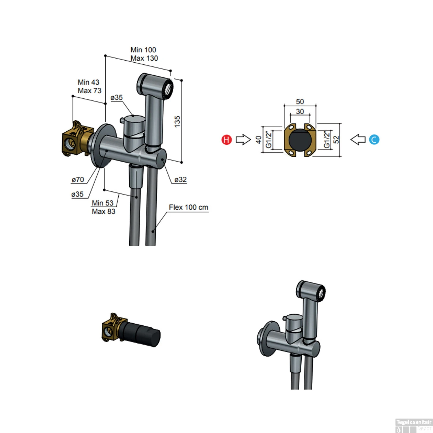 Afbouwdeel Bidetmengkraan Hotbath Cobber Met Doucheslang En Houder Verouderd IJzer 4 Afbouwdeel Bidetmengkraan Hotbath Cobber Met Doucheslang En Houder Verouderd IJzer - Afbeelding 2