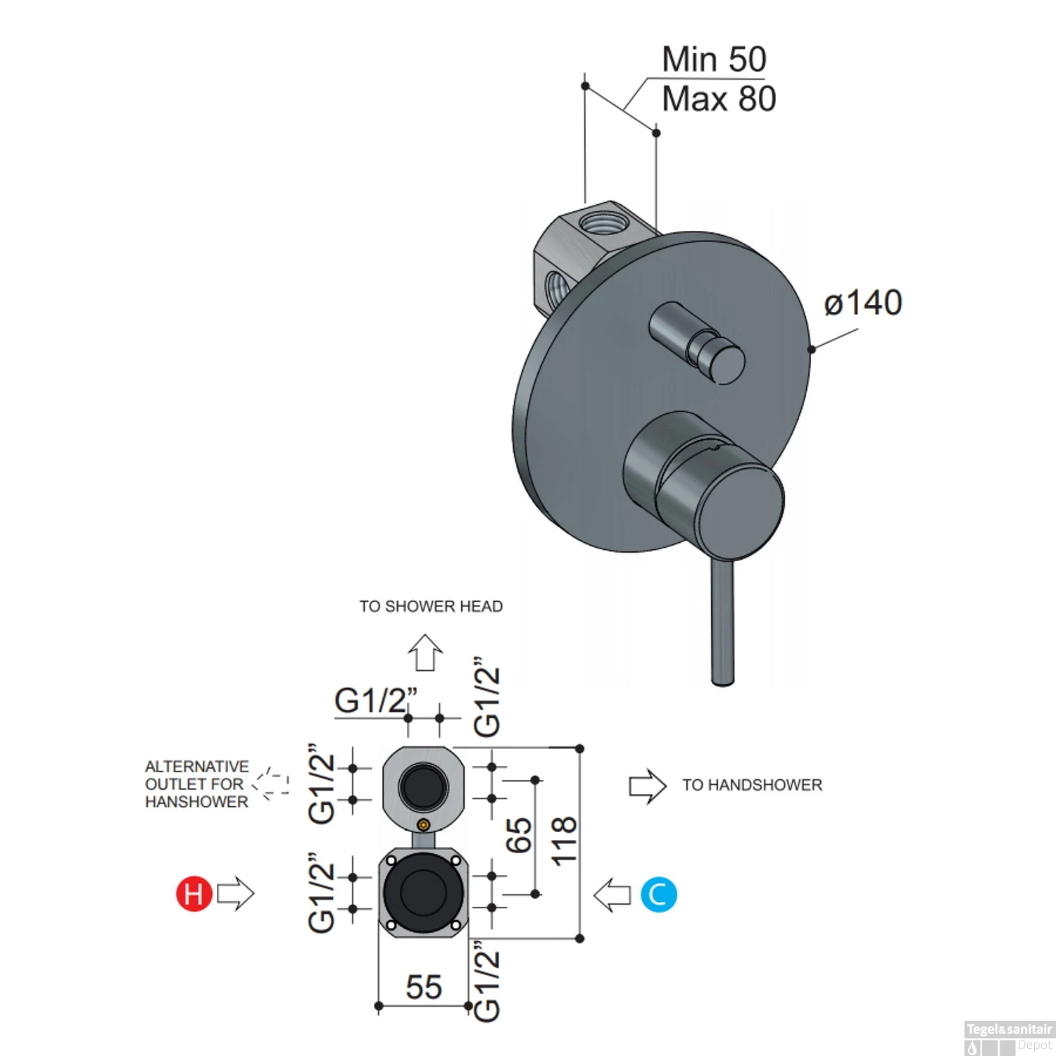 Douche/Badmengkraan Hotbath Buddy Inbouw Omstelrichting Geborsteld Nikkel (incl. Inbouwdeel) - Afbeelding 3