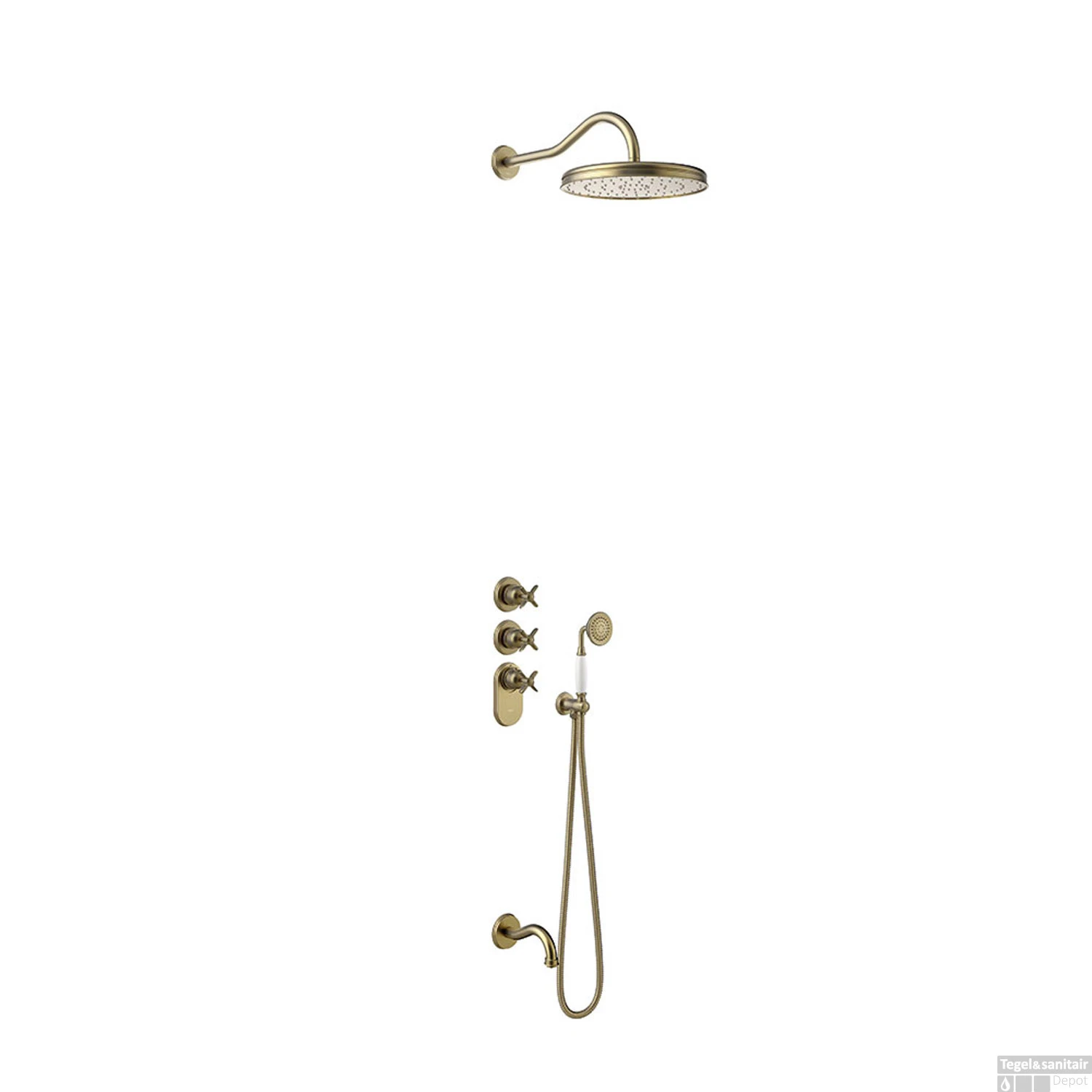 Badkraan Tres Clasic Thermostatisch Inbouw Incl. Regendouche 3-wegs Verouderd Messing