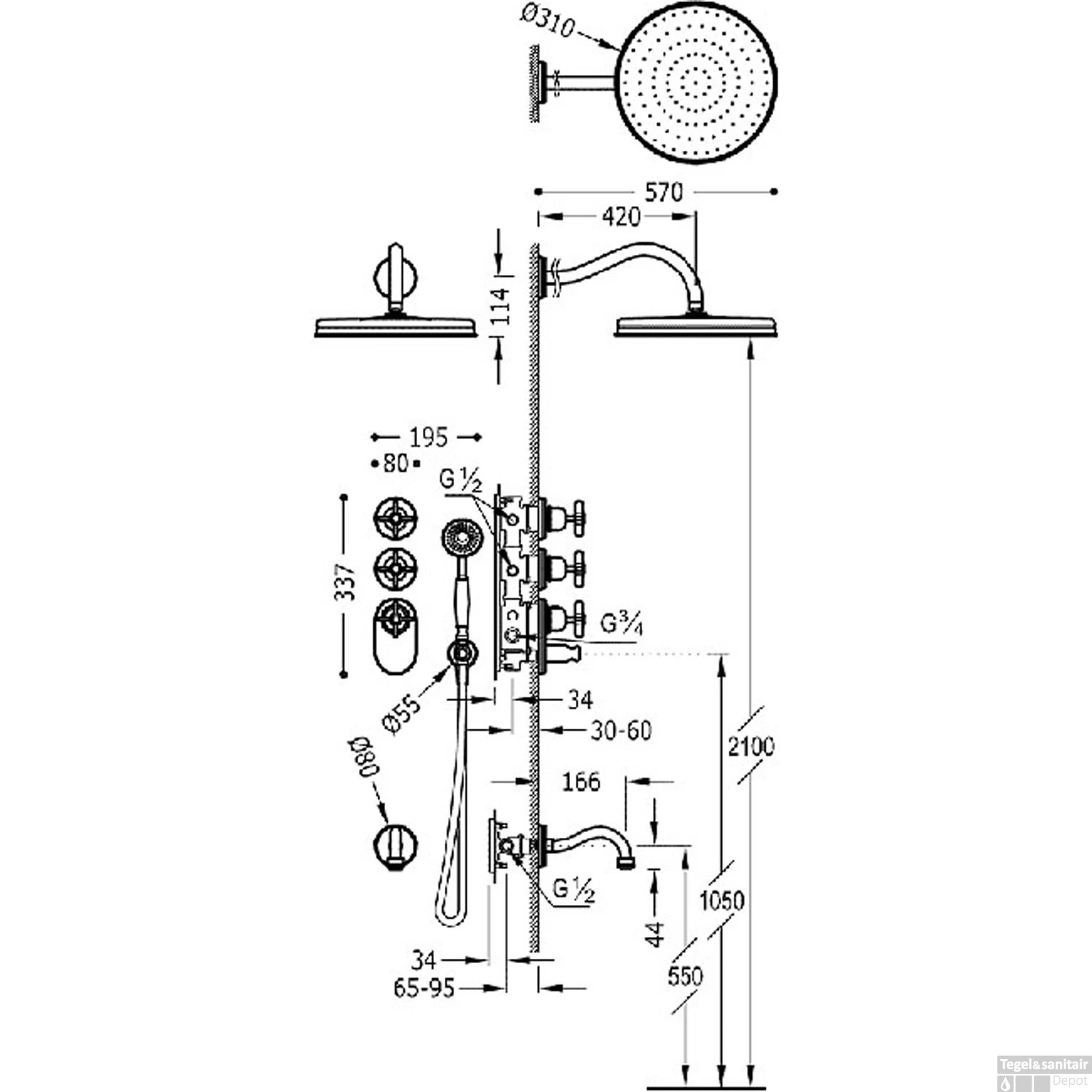Badkraan Tres Clasic Thermostatisch Inbouw Incl. Regendouche 3-wegs Verouderd Messing - Afbeelding 2