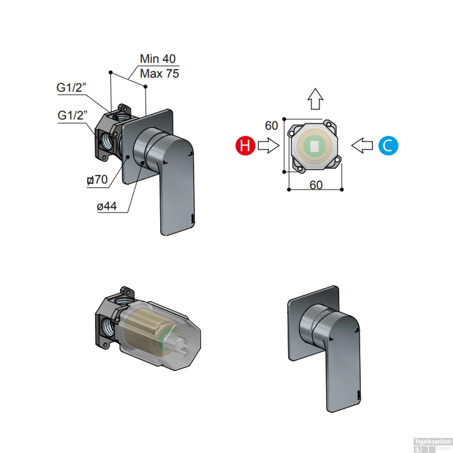 Douchekraan Inbouw Hotbath Gal Mengkraan Geborsteld Gunmetal PVD (excl. Inbouwdeel) 4 Douchekraan Inbouw Hotbath Gal Mengkraan Geborsteld Gunmetal PVD (excl. Inbouwdeel) - Afbeelding 2