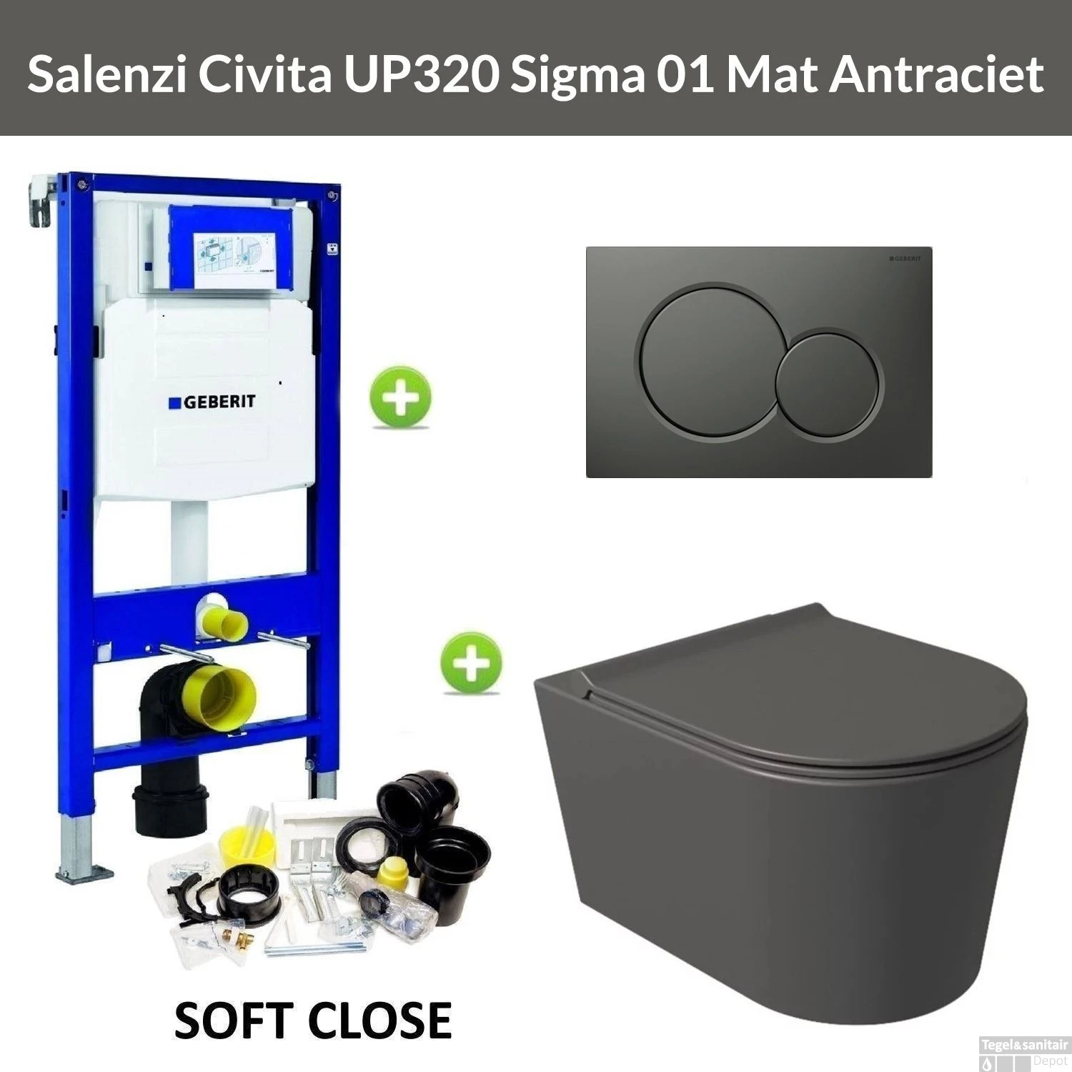 Geberit UP320 Toiletset Wandcloset Salenzi Civita Mat Antraciet Met Sigma 01 Drukplaat