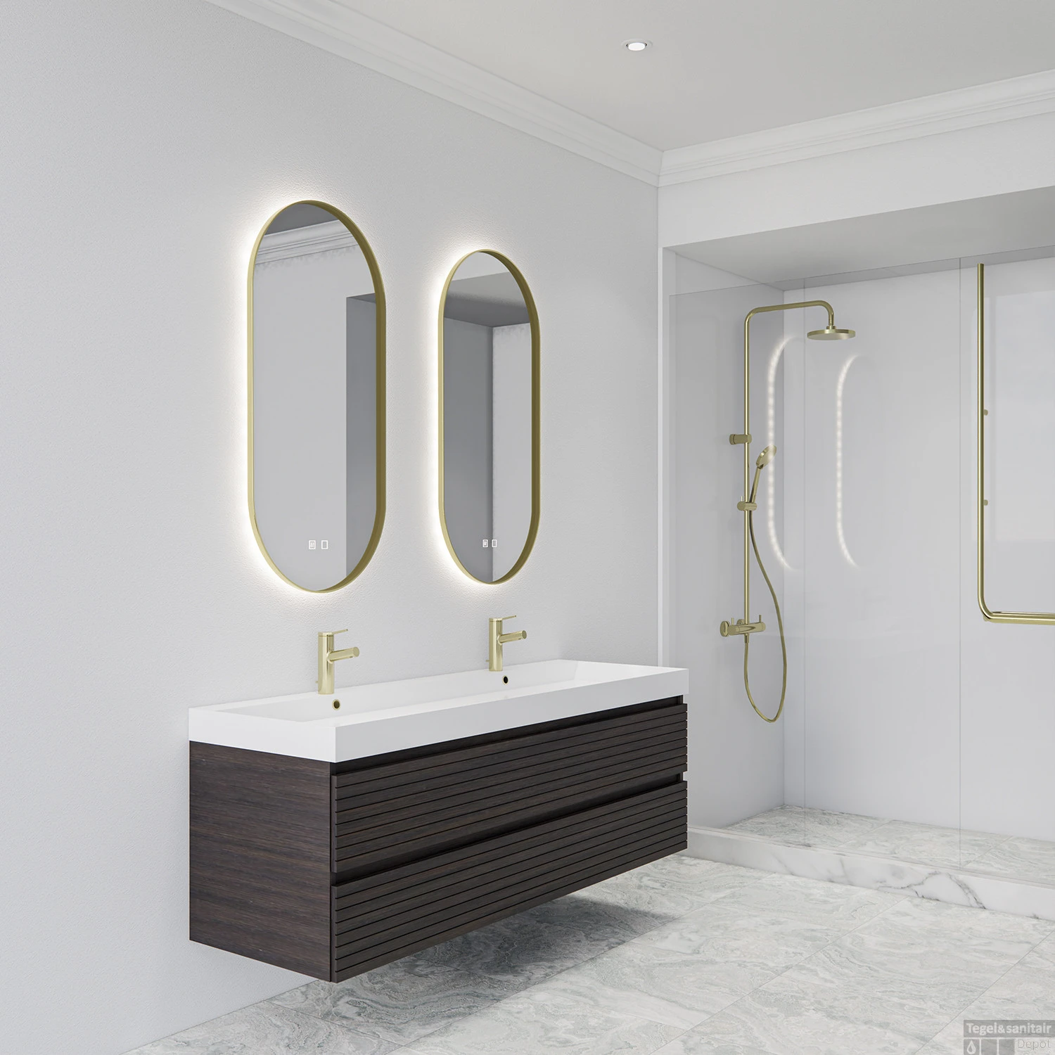 Spiegelcombinatie Boss & Wessing 2x Thyreos 50x100cm Ovaal Met Rand Mat Goud LED Verlichting & Geïntegreerde Spiegelverwarming 4 Spiegelcombinatie Boss & Wessing 2x Thyreos 50x100cm Ovaal Met Rand Mat Goud LED Verlichting & Geïntegreerde Spiegelverwarming - Afbeelding 2