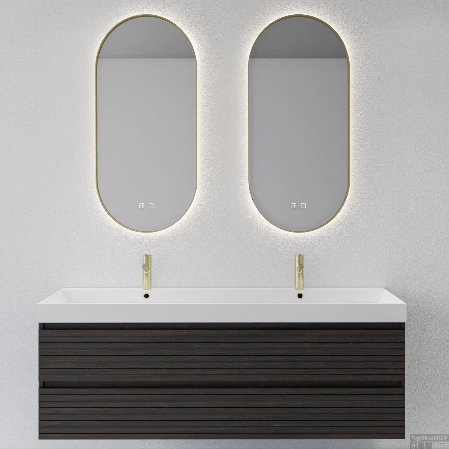 Spiegelcombinatie Boss & Wessing 2x Thyreos 50x100cm Ovaal Met Rand Mat Goud LED Verlichting & Geïntegreerde Spiegelverwarming 3 Spiegelcombinatie Boss & Wessing 2x Thyreos 50x100cm Ovaal Met Rand Mat Goud LED Verlichting & Geïntegreerde Spiegelverwarming