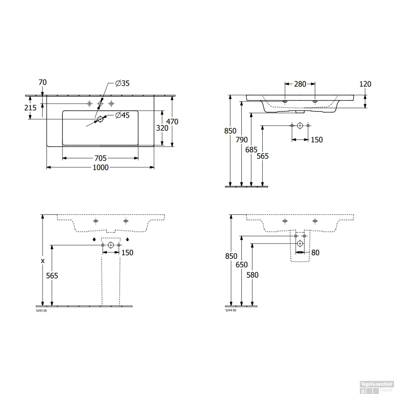 Wastafel Villeroy & Boch Subway 3.0 Geen Kraamgaten Geen Overloop 100x47x16.5 Cm Wit Alpin - Afbeelding 6