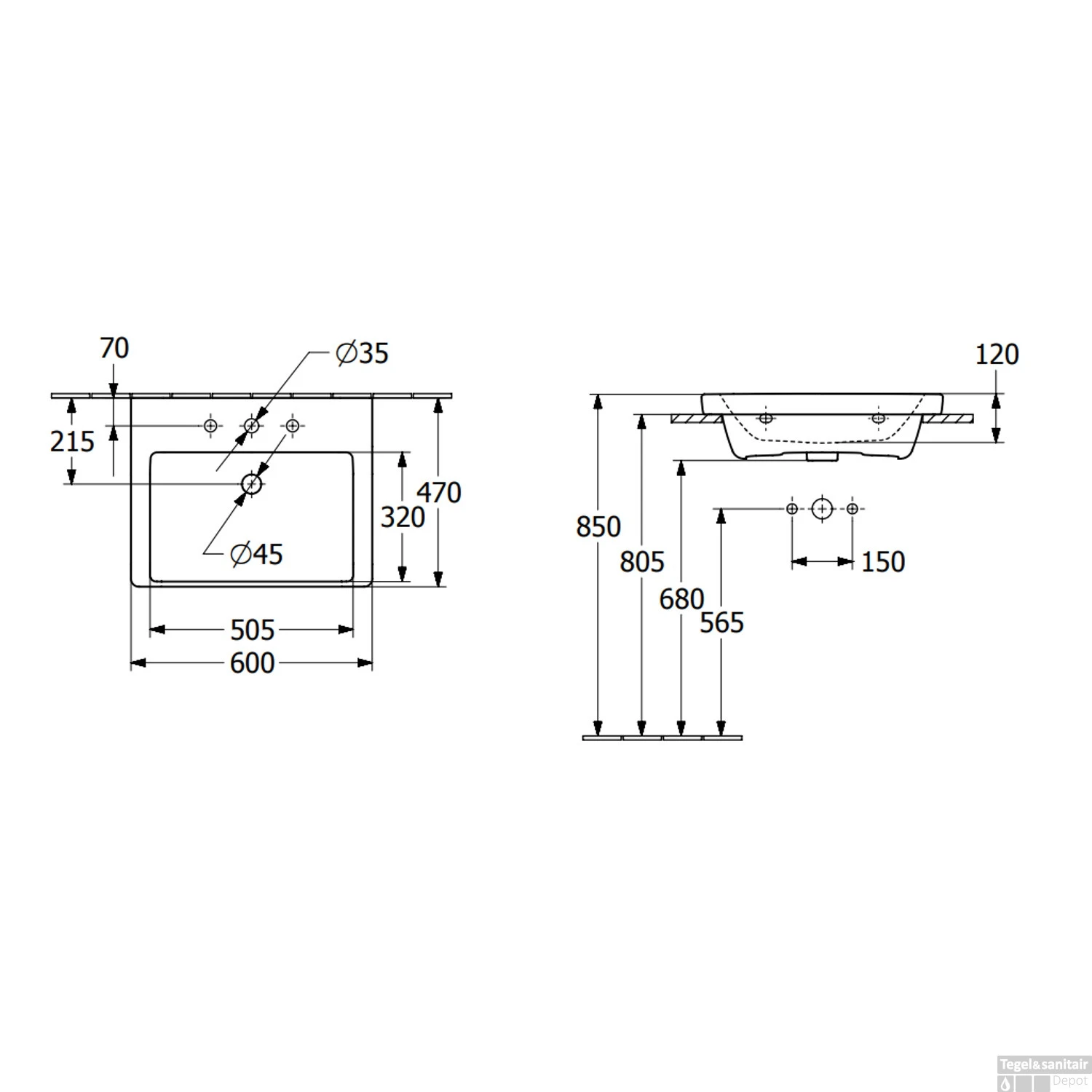 Wastafel Villeroy & Boch Subway 3.0 Met CeramicPlus 1 Kraangat Met Overloop 60x47x16.5 Cm Stone White 9 Wastafel Villeroy & Boch Subway 3.0 Met CeramicPlus 1 Kraangat Met Overloop 60x47x16.5 Cm Stone White - Afbeelding 7