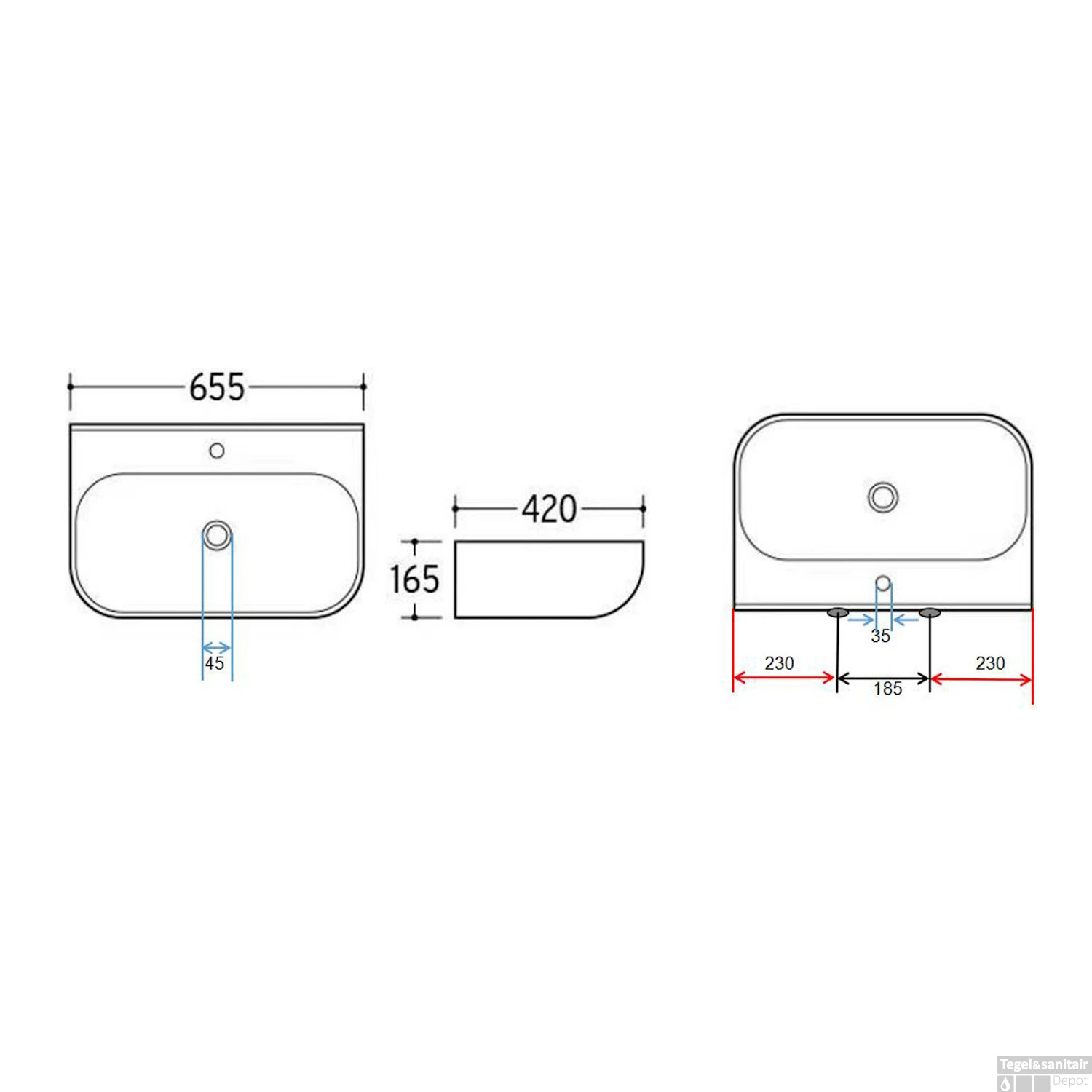 Wastafel Wiesbaden Finta 65.5 X 42 X 16.5 Cm Keramiek Glans Wit - Afbeelding 3